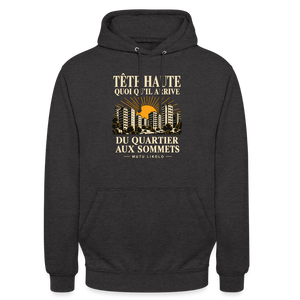Hoodie Street Tête haute — Du quartier aux sommets, édition couleurs | Prise de Conscience - charbon