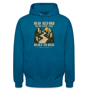 Street Hoodie Head Held High — Built to Rise | Prise de Conscience - bleu profond 