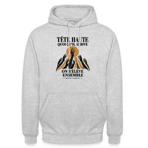 Hoodie Street Tête haute — On s’élève ensemble | Prise de Conscience - gris clair chiné