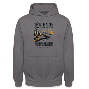 Hoodie Street Tête haute — Mon départ ne fixe pas ma destination | Prise de Conscience - gris éléphant