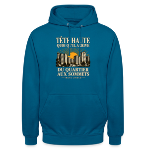 Hoodie Street Tête haute — Du quartier aux sommets, édition couleurs | Prise de Conscience - bleu profond 