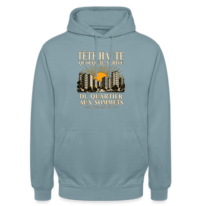 Hoodie Street Tête haute — Du quartier aux sommets, édition couleurs | Prise de Conscience - bleu fumée