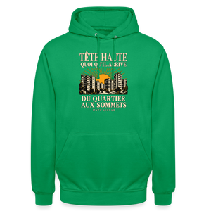 Hoodie Street Tête haute — Du quartier aux sommets, édition couleurs | Prise de Conscience - vert