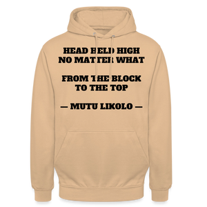 Street Hoodie Head Held High — From the Block to the Top, Typography | Prise de Conscience - pêche