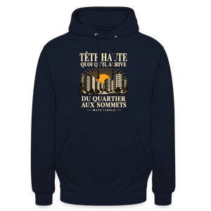 Hoodie Street Tête haute — Du quartier aux sommets, édition couleurs | Prise de Conscience - marine