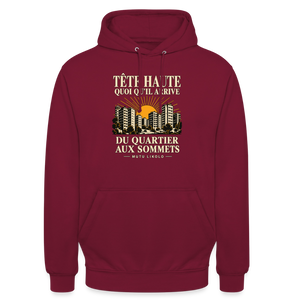 Hoodie Street Tête haute — Du quartier aux sommets, édition couleurs | Prise de Conscience - bordeaux