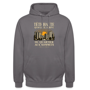 Hoodie Street Tête haute — Du quartier aux sommets, édition couleurs | Prise de Conscience - gris éléphant