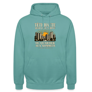 Hoodie Street Tête haute — Du quartier aux sommets, édition couleurs | Prise de Conscience - turquoise pastel