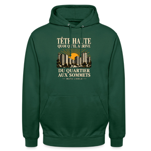 Hoodie Street Tête haute — Du quartier aux sommets, édition couleurs | Prise de Conscience - vert bouteille