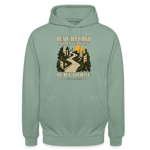 Street Hoodie Head Held High — Built to Rise | Prise de Conscience - vert-de-gris