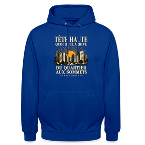 Hoodie Street Tête haute — Du quartier aux sommets, édition couleurs | Prise de Conscience - bleu royal