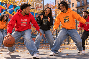 Cinq amis jouent au basket et rient ensemble dans des hoodies Mutu Likolo rouge, noir et orange. Mise en scène numérique.