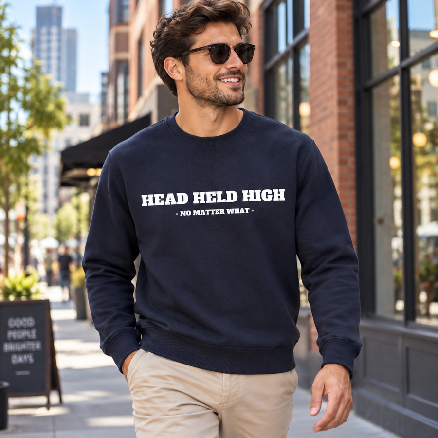 HEAD HELD HIGH bold navy crewneck — urban hero