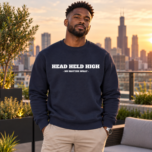 HEAD HELD HIGH bold navy crewneck — rooftop
