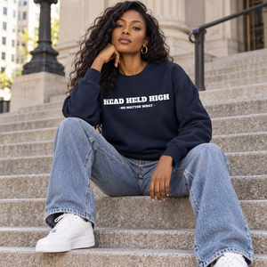 HEAD HELD HIGH bold navy crewneck — city steps