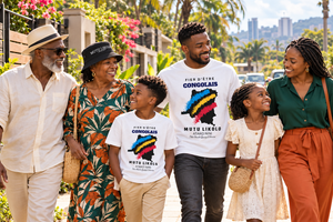 Mise en scène d’une famille congolaise, père et fils portant Fier d’être Congolais ; version enfant en préparation
