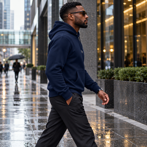 HEAD HELD HIGH heritage navy hoodie — financial district side view