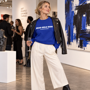 Femme portant le crewneck Bold bleu roi en galerie