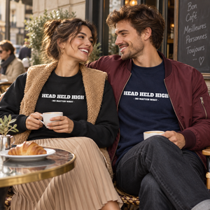 Couple portant les crewnecks Bold noir et marine au café