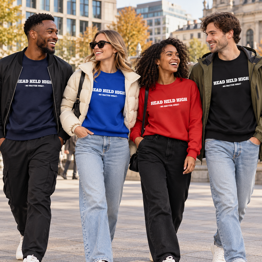 Groupe portant les quatre couleurs du crewneck Bold Head Held High
