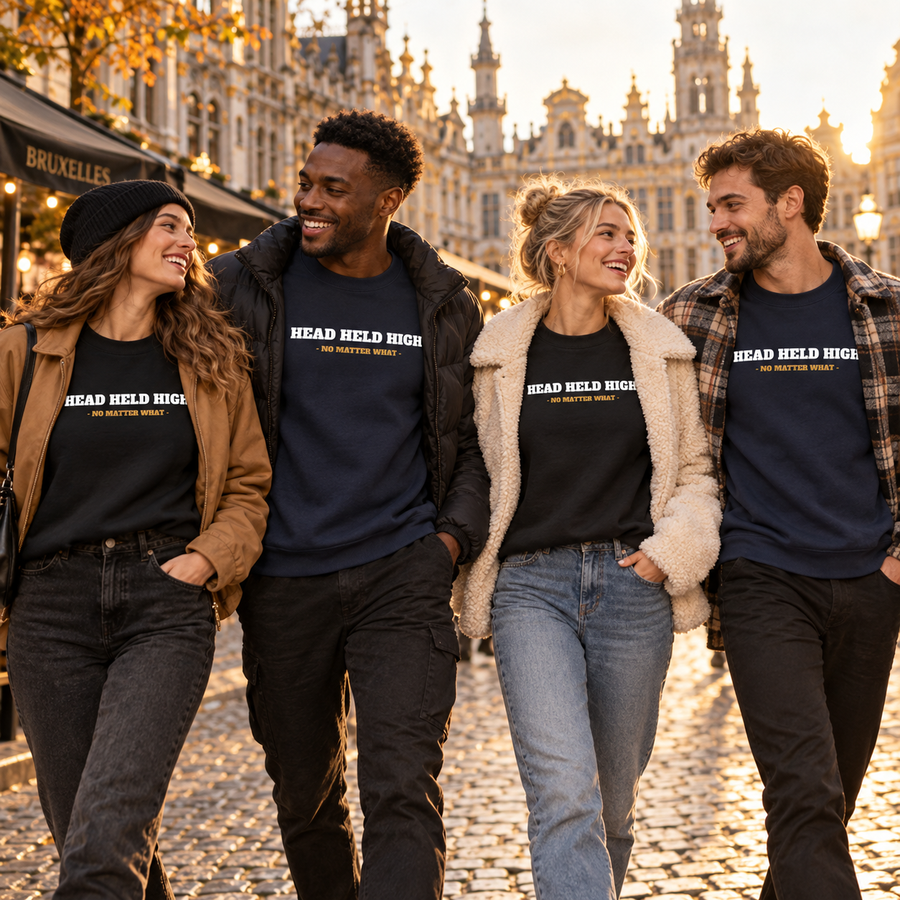 Groupe portant les crewnecks Essential Head Held High noir et marine à Bruxelles