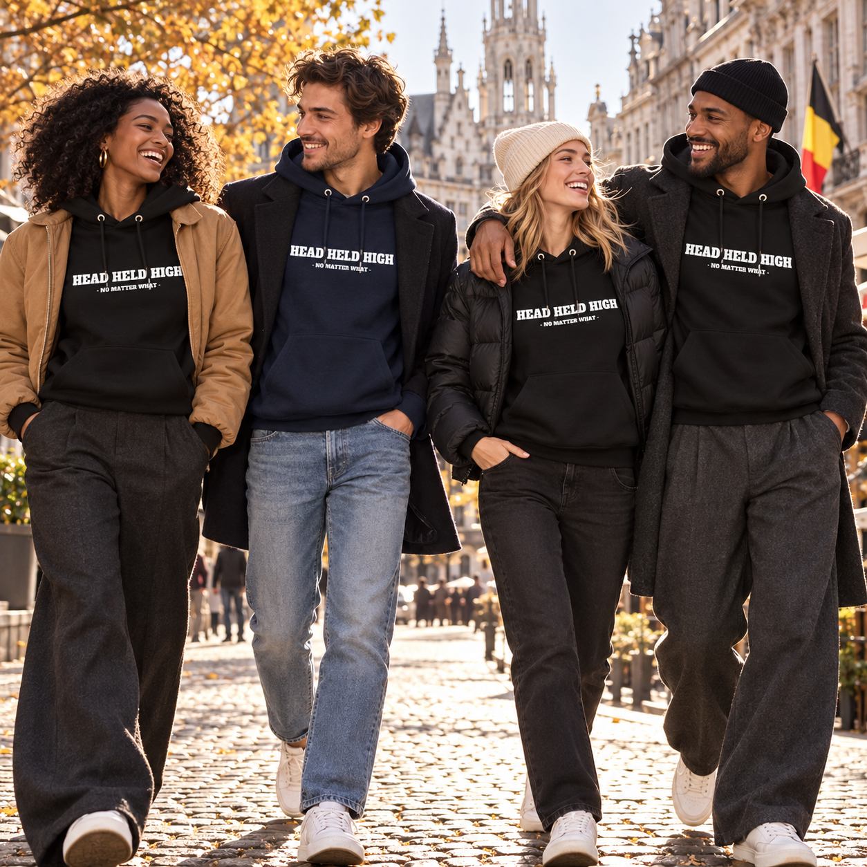 Groupe mixte portant les hoodies bio Head Held High noir et marine à Bruxelles