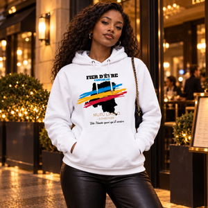 Femme portant le hoodie blanc Fier d’être Congolais en soirée