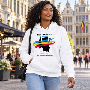 Femme portant le hoodie blanc Fier d’être Congolais dans le centre de Bruxelles