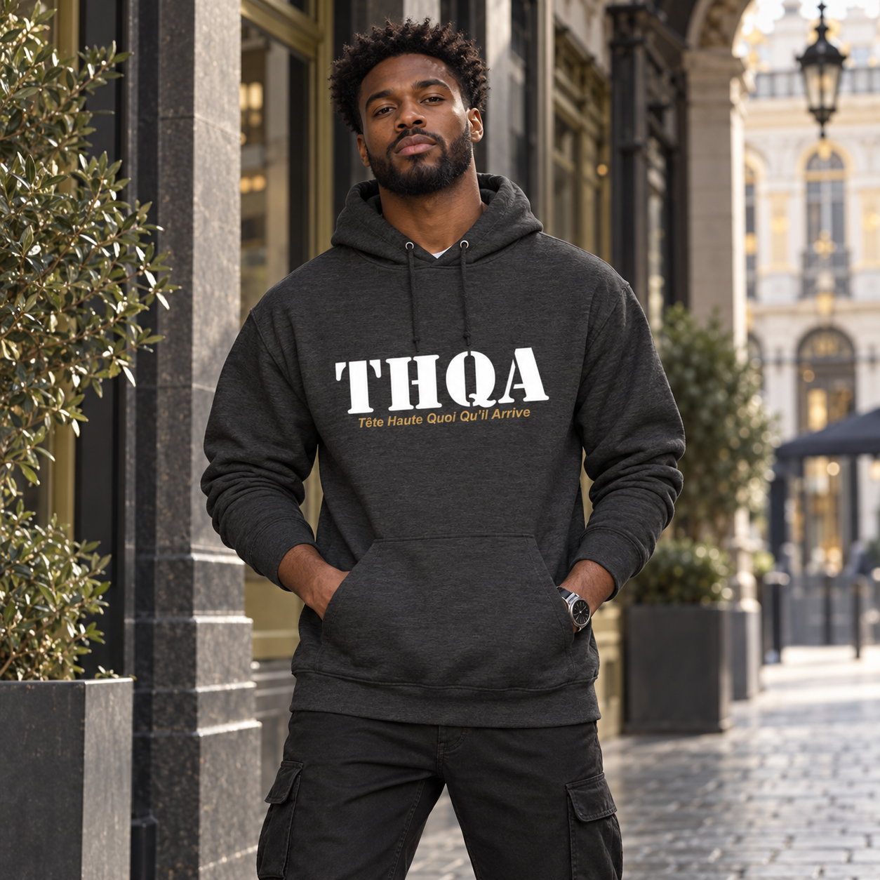 Homme portant le hoodie THQA charbon dans une ambiance urbaine élégante