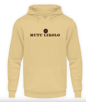 Hoodie beige à capuche avec logo Mutu Likolo imprimé sur la poitrine, Collection Résilience. 
Beige hoodie with Mutu Likolo logo printed on the chest, Resilience Collection.