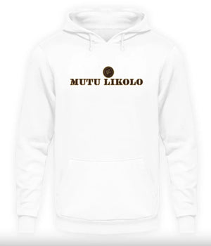 Sweat à capuche blanc Mutu Likolo, logo et lettrage marron, coupe unisexe – Collection Résilience.
White Mutu Likolo hoodie with brown logo and lettering, unisex fit – Resilience Collection. 