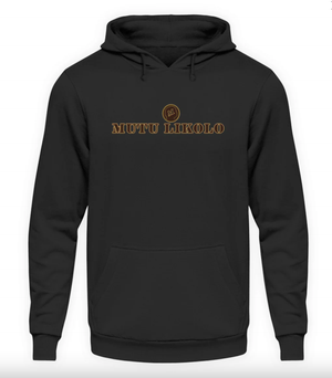 Sweat à capuche noir Mutu Likolo avec logo central en marron.

Anglais : Black Mutu Likolo hoodie with central brown logo. 
