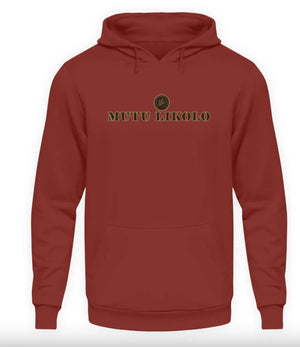 Hoodie rouge à capuche "Mutu Likolo" – Collection Résilience, avec logo central et poche kangourou.
Red "Mutu Likolo" hoodie – Resilience Collection, featuring central logo and kangaroo pocket.