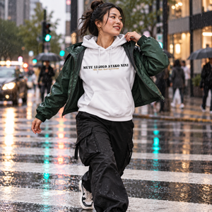 Femme portant le hoodie Mutu Likolo blanc sous une veste de pluie