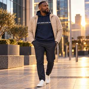 Homme portant le hoodie Mutu Likolo marine en tenue business casual