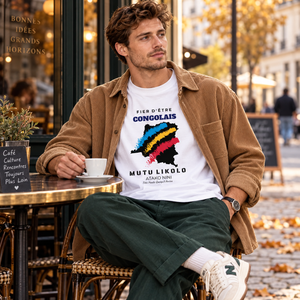 T-shirt oversize Fier d'être Congolais blanc avec surchemise camel