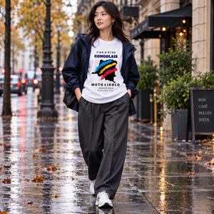 T-shirt oversize Fier d'être Congolais blanc en tenue de pluie