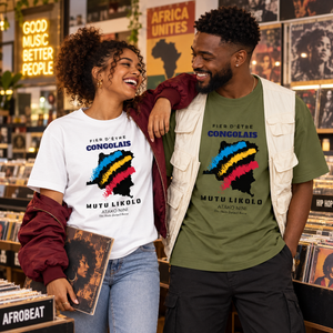 Couple portant les t-shirts Fier d'être Congolais blanc et kaki