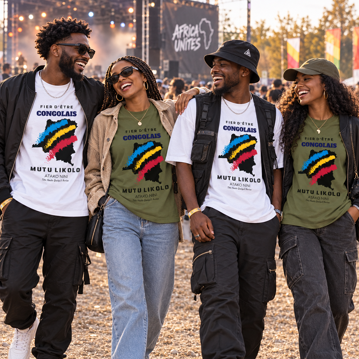 Groupe portant les t-shirts oversize Fier d'être Congolais blanc et kaki