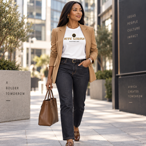 T-shirt Signature premium blanc avec blazer camel