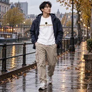 T-shirt Signature premium blanc avec veste de pluie marine
