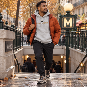 Hoodie Mutu Likolo gris chiné avec doudoune courte orange