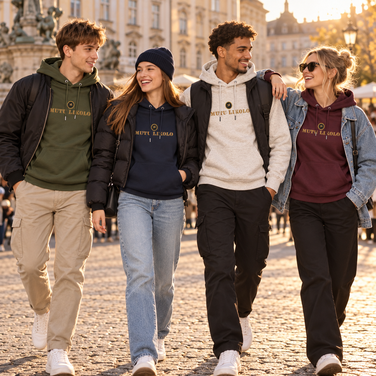 Groupe portant les hoodies Mutu Likolo kaki, marine, beige et bordeaux