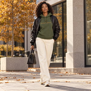 Hoodie Mutu Likolo kaki avec bomber noir et pantalon crème