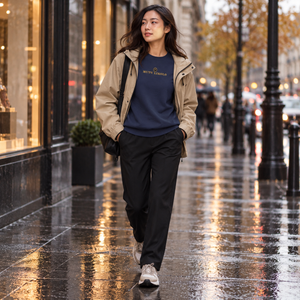 Sweat Mutu Likolo bleu indigo avec veste de pluie sable