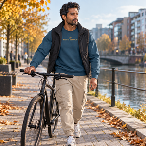 Sweat Mutu Likolo bleu indigo en tenue sportive urbaine
