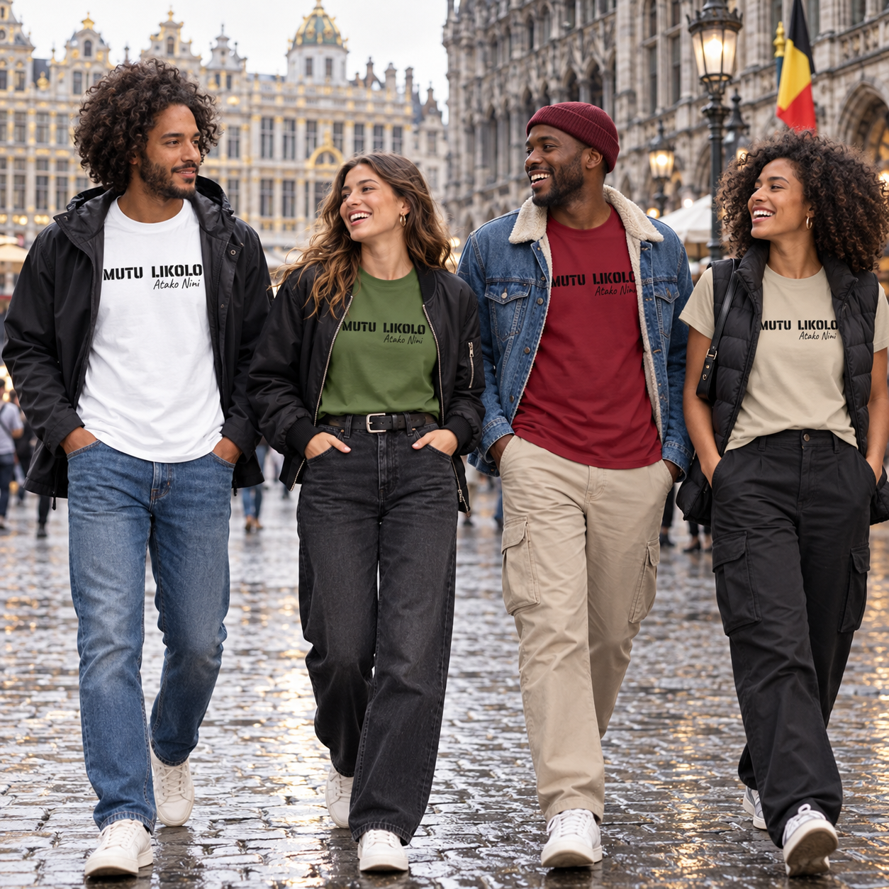 Groupe portant les t-shirts Mutu Likolo Tête haute en quatre couleurs