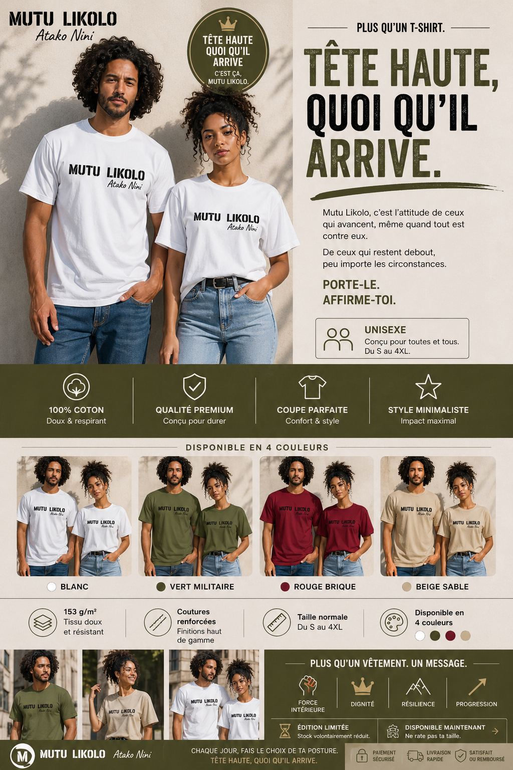 T-SHIRT MUTU LIKOLO – TÊTE HAUTE QUOI QU’IL ARRIVE (unisex)