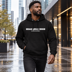 HEAD HELD HIGH black organic hoodie — urban hero