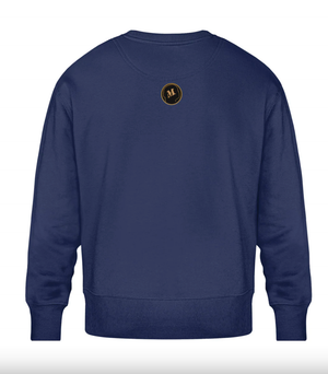 Pull bio bleu marine – Dos avec logo Mutu Likolo – Collection Résilience – Mode éthique et durable.